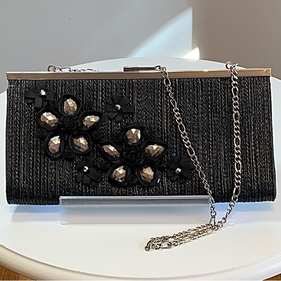WHBM Floral Ribbon & Bead Embellished Black Clutch Shoulder Bag NWOT - Picture 2 of 13